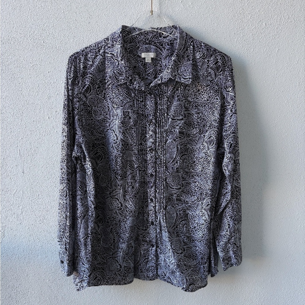 Talbots 2X Long Sleeve Cuffed‎ Button Up Cotton Black White Office Casual Career